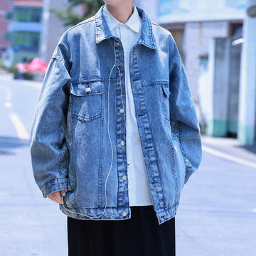 AIDASE  -  Trend Men Denim Jacket Coat Embroidered Patchwork Design Loose Long Sleeve Lapel Single-breasted Casual Menswear 21E6600 aidase-shop